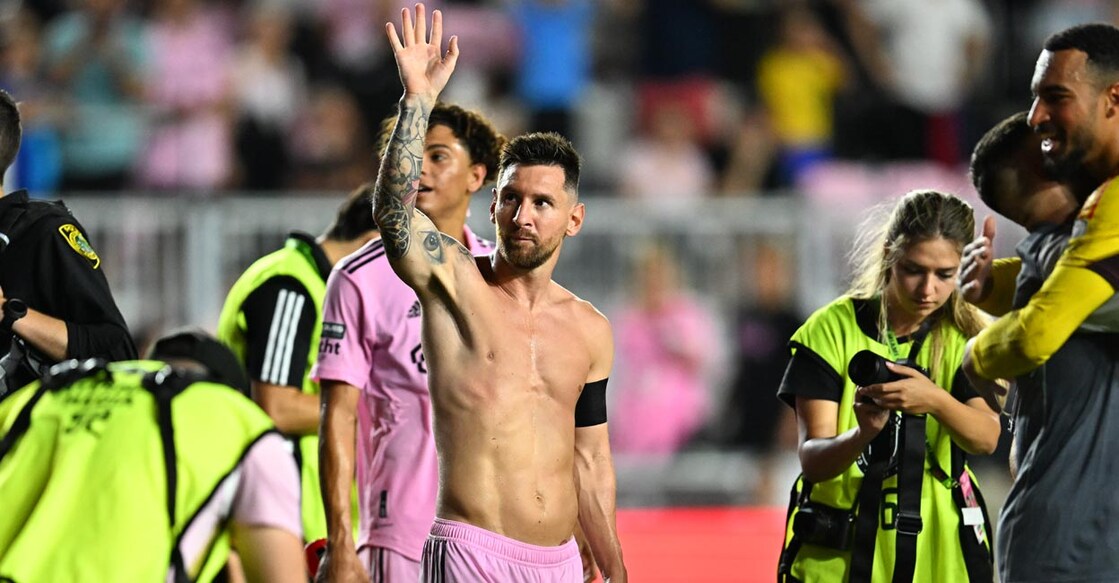 Lionel Messi celebrates Inter Miami's win. Photo: AFP/Chandan Khanna 