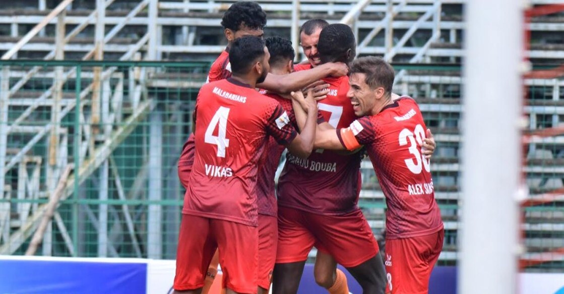 Gokulam Kerala players celebrate their opening goal. Photo: Twitter@GokulamKeralaFC
