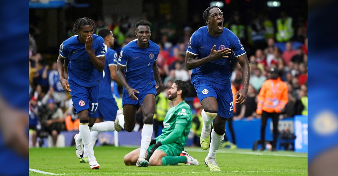 Chelsea's Axel Disasi celebrates scoring their goal against Liverpool at Stamford Bridge in London on Sunday. Photo: Reuters/Tony Obrien