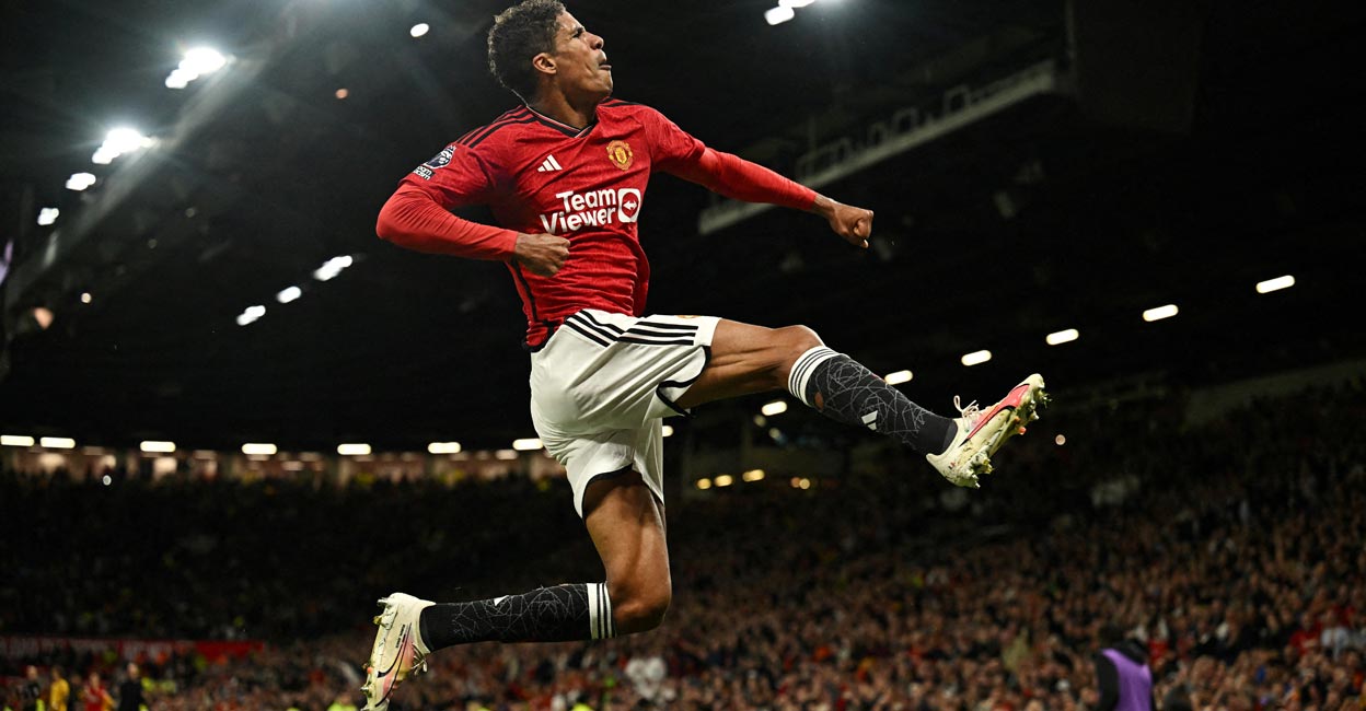 Raphael Varane Manchester United's Raphael Varane celebrates scoring their first goal. Photo: Reuters/Dylan Martinez