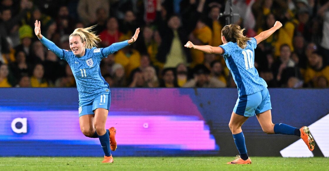 Lauren Hemp (No. 11) celebrates after scoring England's second goal. Photo: AFP/Izhar Khan