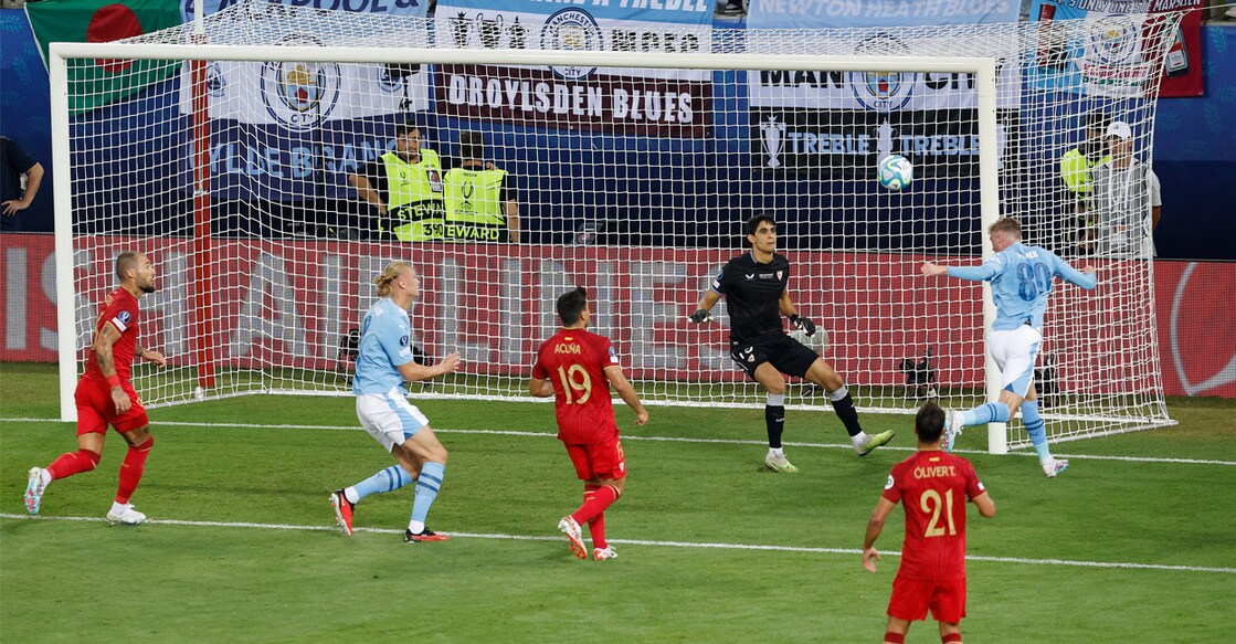 Manchester City's Cole Palmer scores their first goal in UEFA Super Cup - Manchester City v/s Sevilla match on Wednesday. Photo: REUTERS/Louiza Vradi