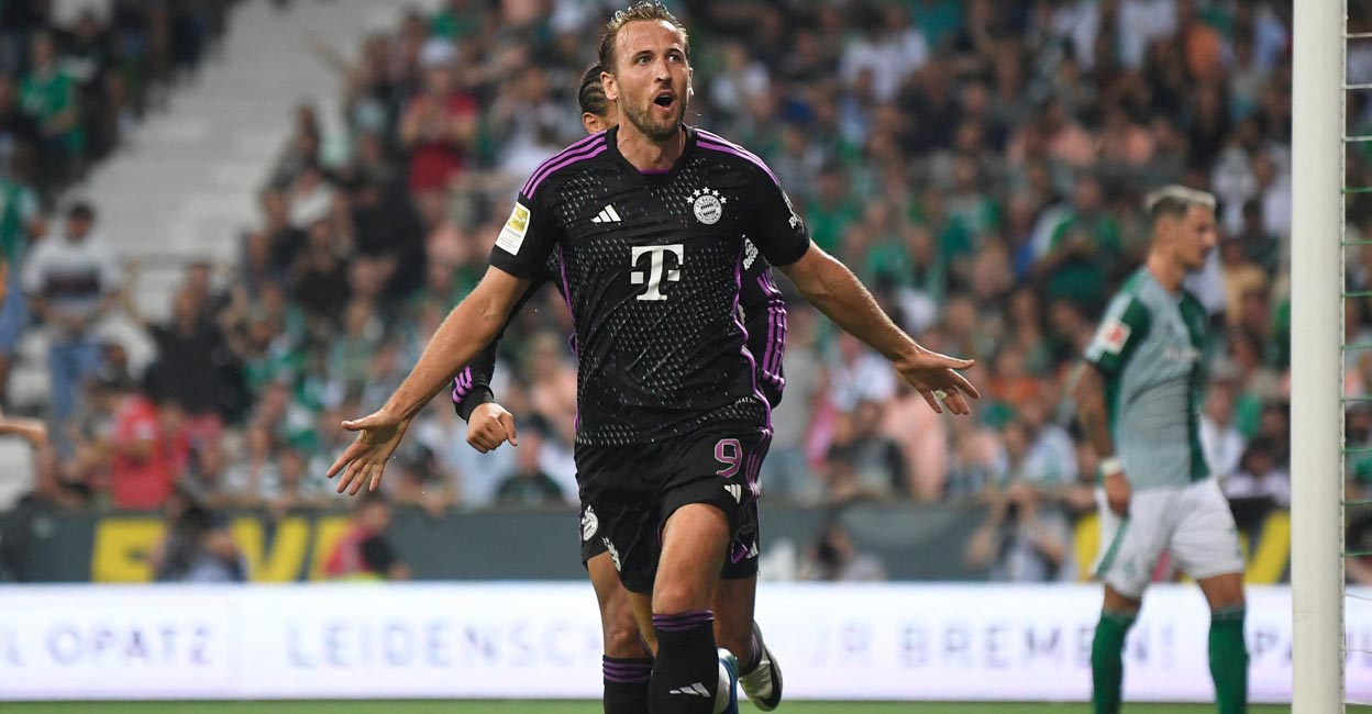 Bayern Munich's Harry Kane celebrates scoring their second goal. Photo: Reuters/Fabian Bimmer