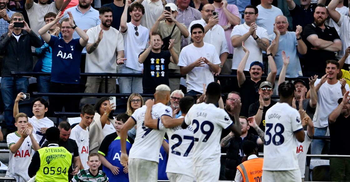Tottenham Hotspur's Richarlison, Manor Solomon, Pape Matar Sarr and Destiny Udogie celebrate after the match. Photo: Reuters/Tony Obrien