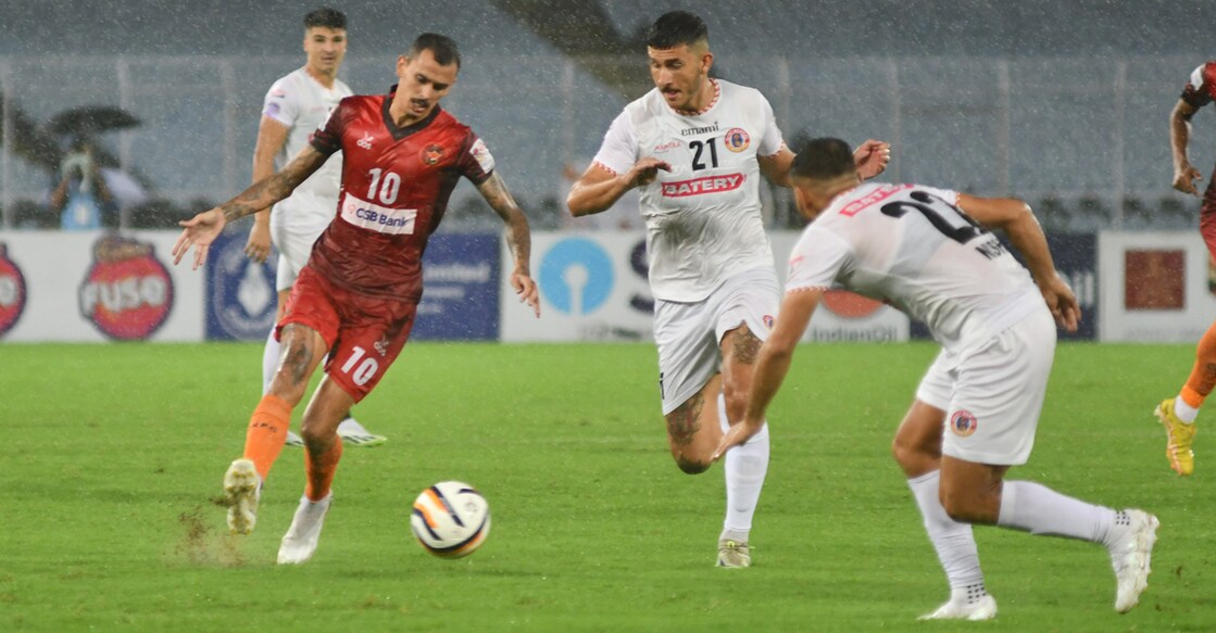 Action between East Bengal (white) and Gokulam Kerala during their quarterfinal match of the Durand Cup in Kolkata on Friday. Photo: Gokulam Kerala