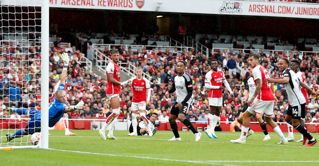 Fulham's Joao Palhinha scores their second goal past Arsenal's Aaron Ramsdale. Photo: Reuters/Matthew Childs