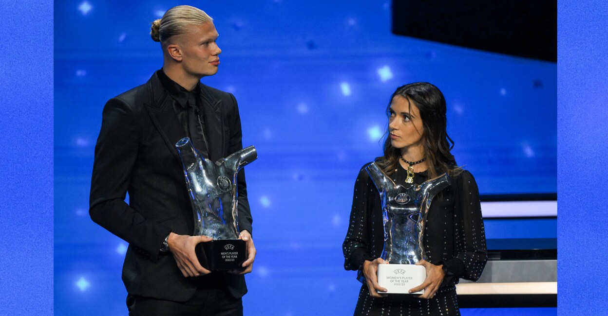 Manchester City's Norwegian striker Erling Haaland (left) and FC Barcelona's Spanish midfielder Aitana Bonmati pose with their season 2022/2023 men's and women's player of the year awards during the UEFA Champions League group stage draw ceremony at The Grimaldi Forum in the Principality of Monaco on Thursday. Photo: AFP/Nicolas Tucat