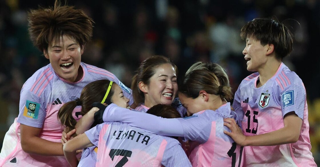 Japanese players celebrate their second goal against Norway. Photo: AFP/Marty Melville
