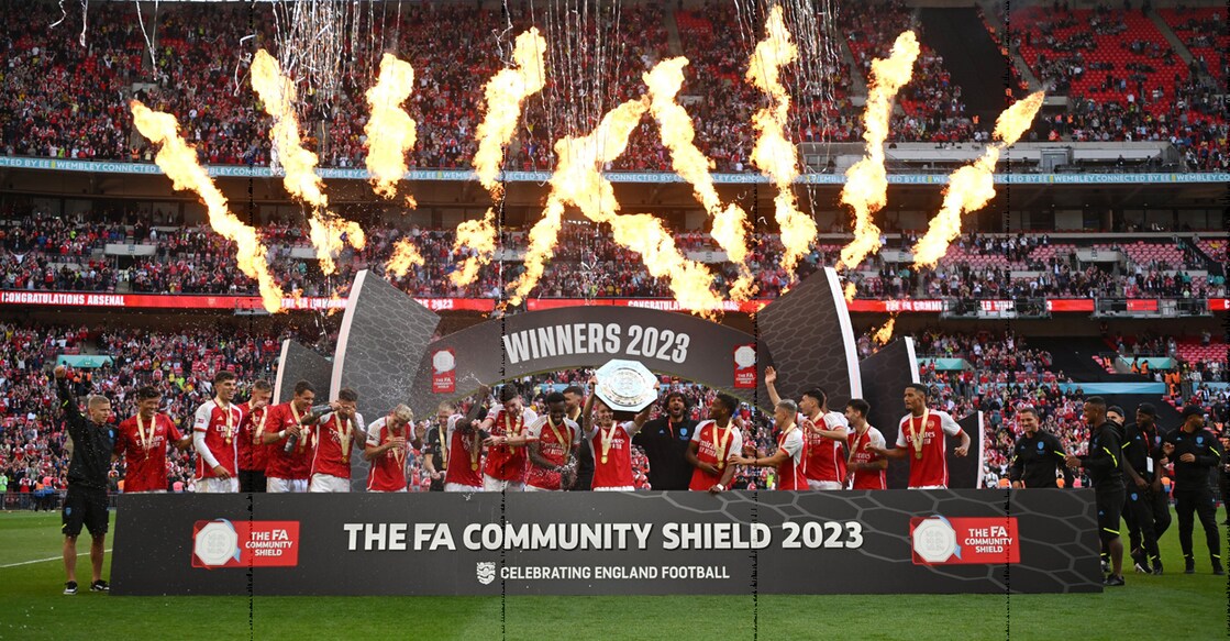 Arsenal players and staff celebrate with the Community Shield. Photo: Twitter/@Arsenal
