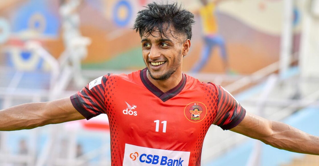 Sourav exults after scoring Gokulam Kerala's opening goal. Photo: Twitter@GokulamKeralaFC 