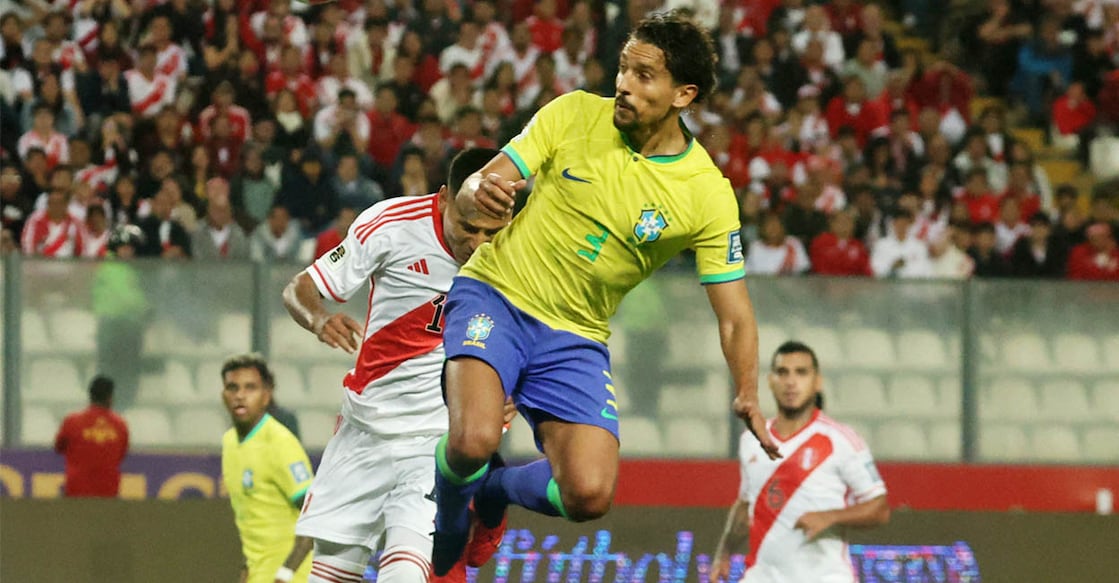 Brazil's Marquinhos scores their first goal in World Cup - South American Qualifiers - Peru v/s Brazil match on Tuesday. Photo: REUTERS/Sebastian Castaneda