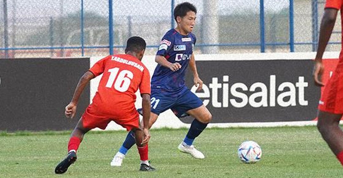 Action between Kerala Blasters (blue) and Al Jazirah Al Hamra. Photo: X/@KeralaBlasters