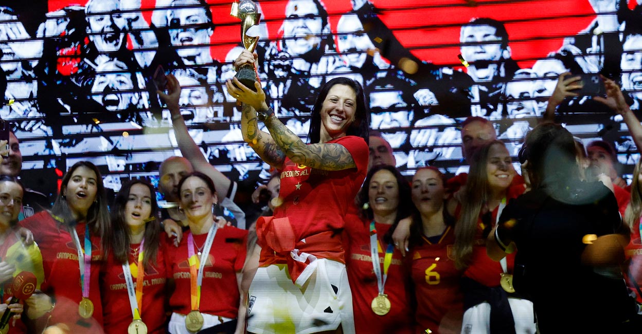 World champions Spain's Jennifer Hermoso and teammates celebrate with the FIFA Women's World Cup trophy. File photo: Reuters/Juan Medina