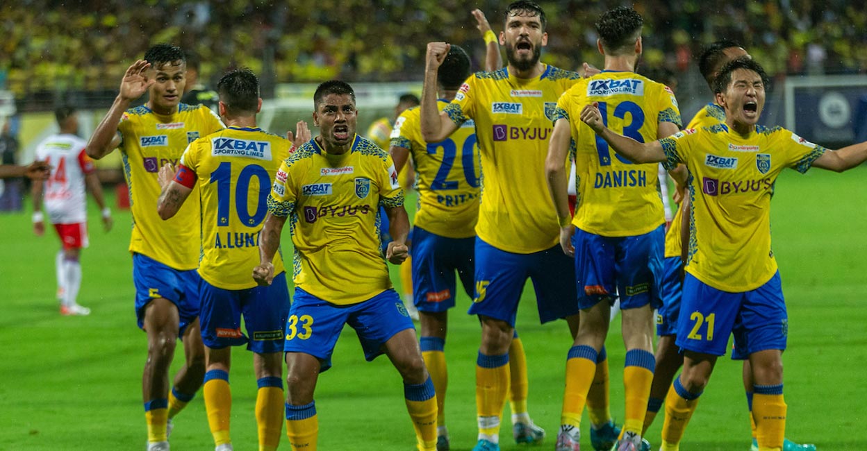 Kerala Blasters players celebrate a goal. Photo: FSDL