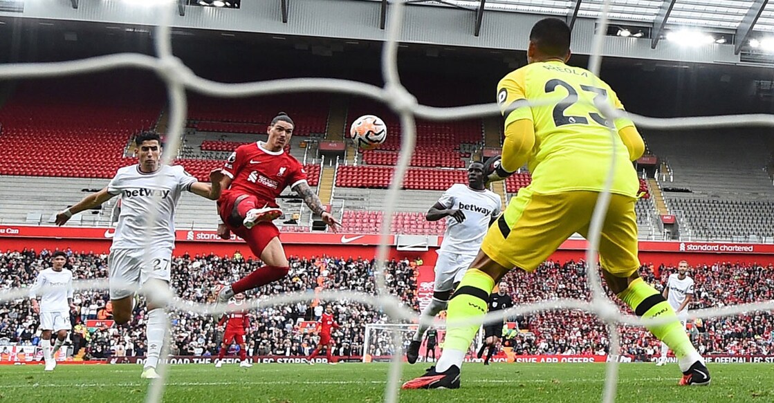 Liverpool's Darwin Nunez scores their second goal against West Ham United. Photo: Reuters/Peter Powell