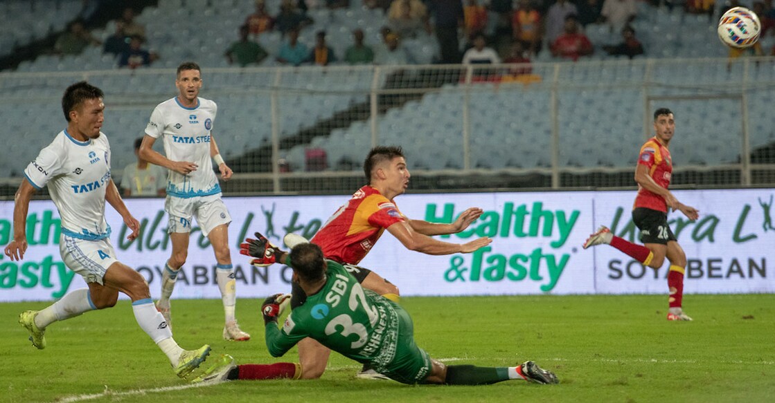 Action between Jamshedpur FC (white) and East Bengal in the Indian Super League at the Salt Lake Stadium in Kolkata on Monday. Photo: ISL