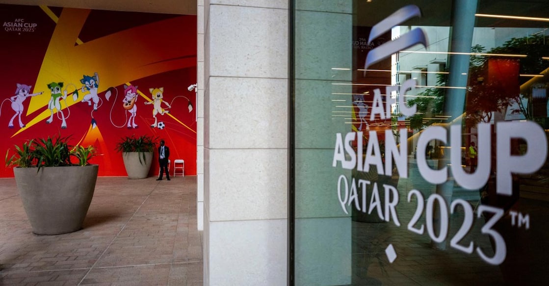 The entrance of the Main Media Center of the Asian Cup in Doha on Tuesday. Photo: AFP/Jewel Samad