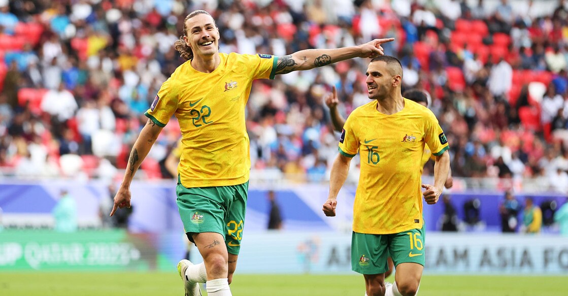 Jackson Irvine celebrates scoring for Australia against India in the Asian Cup. Photo: X/@Socceroos