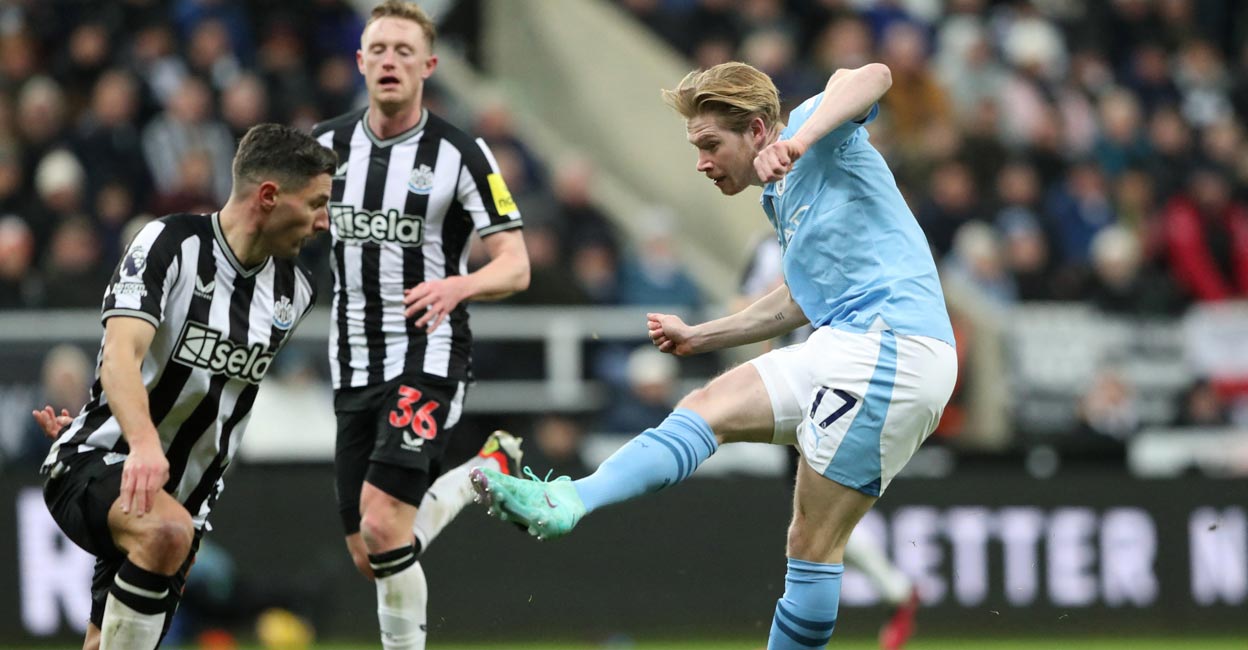 Kevin De Bruyne Manchester City's Kevin De Bruyne scores their second goal. Photo: Reuters/Scott Heppell
