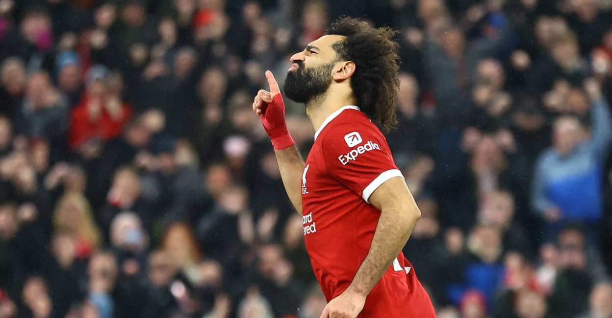 Liverpool's Mohamed Salah celebrates scoring their fourth goal. Photo: Reuters/ Carl Recine