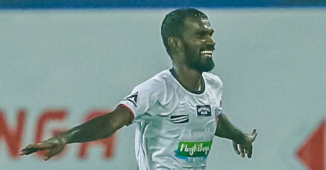 Jithin M S celebrates scoring for NorthEast United against Kerala Blasters in the Super Cup. Photo: X/@IndSuperLeague