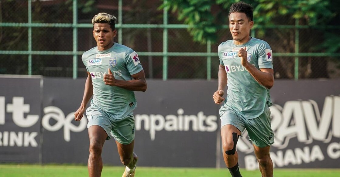 Kerala Blasters players during a training session. Photo: X@KeralaBlasters