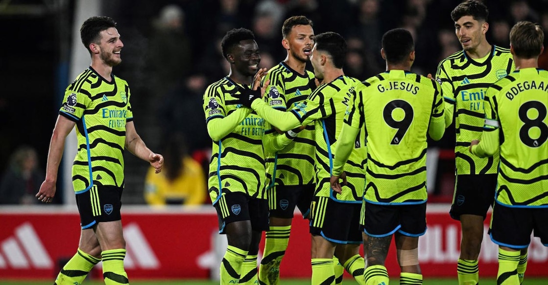 Arsenal's Bukayo Saka, second left, celebrates with teammates after scoring their second goal. Photo: AFP/Paul Ellis