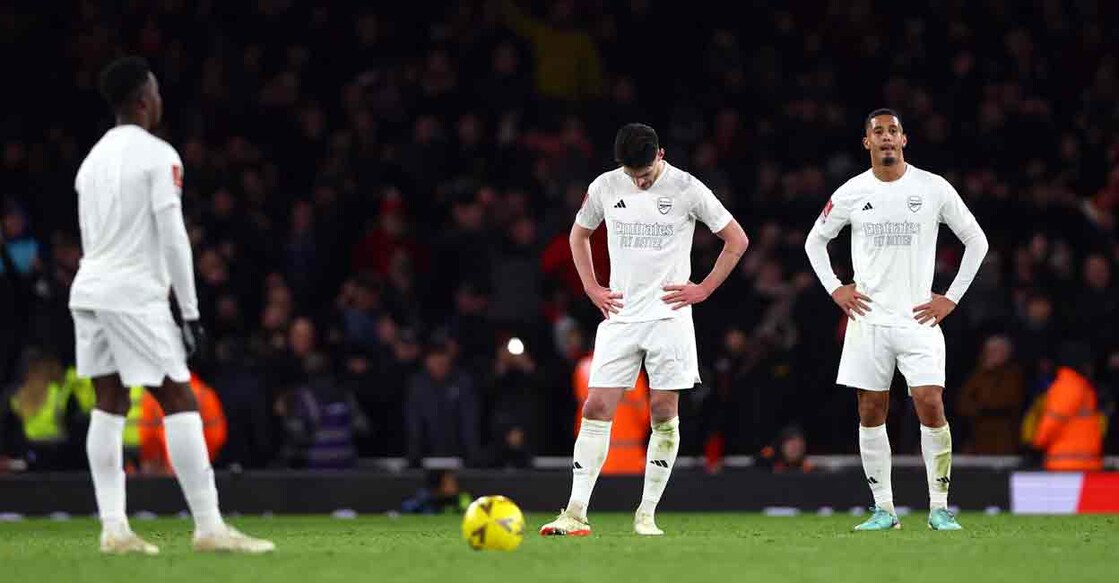  Arsenal's Declan Rice and Arsenal's William Saliba look dejected after Liverpool's Luis Diaz scored their second goal. Photo: Action Images via Reuters/Matthew Childs