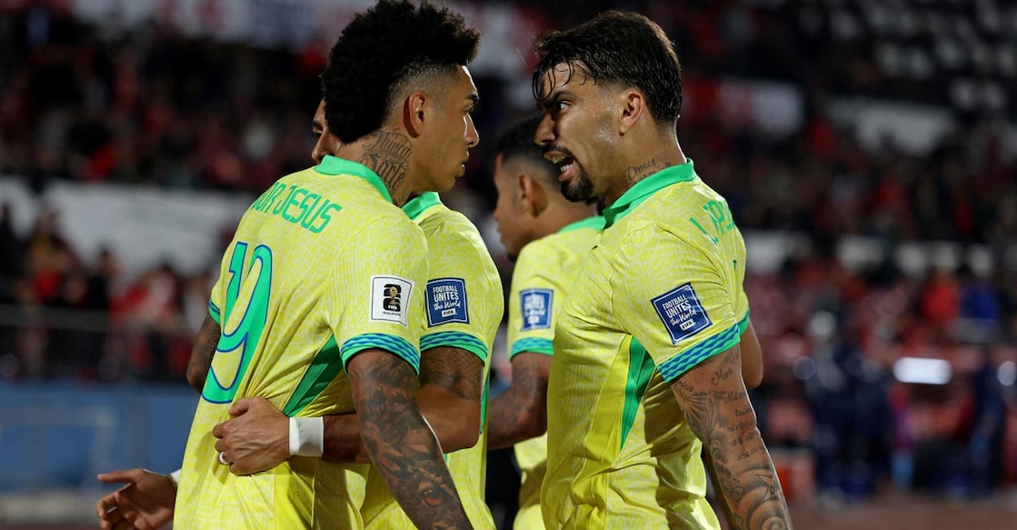 Brazil's Igor Jesus celebrates scoring with teammates after scoring the equaliser. Photo: Reuters/Ivan Alvarado