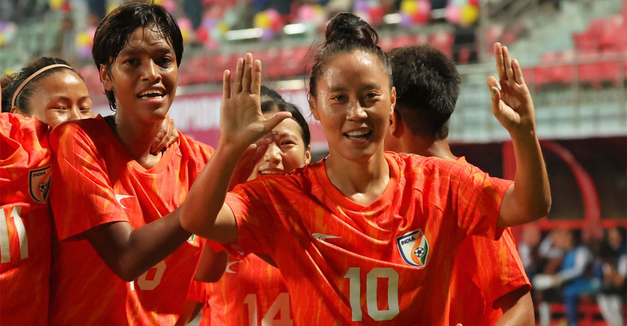 bala-devi-50-goals Bala Devi celebrates her 50th international goal for India against Pakistan. Photo: X/@IndianFootball