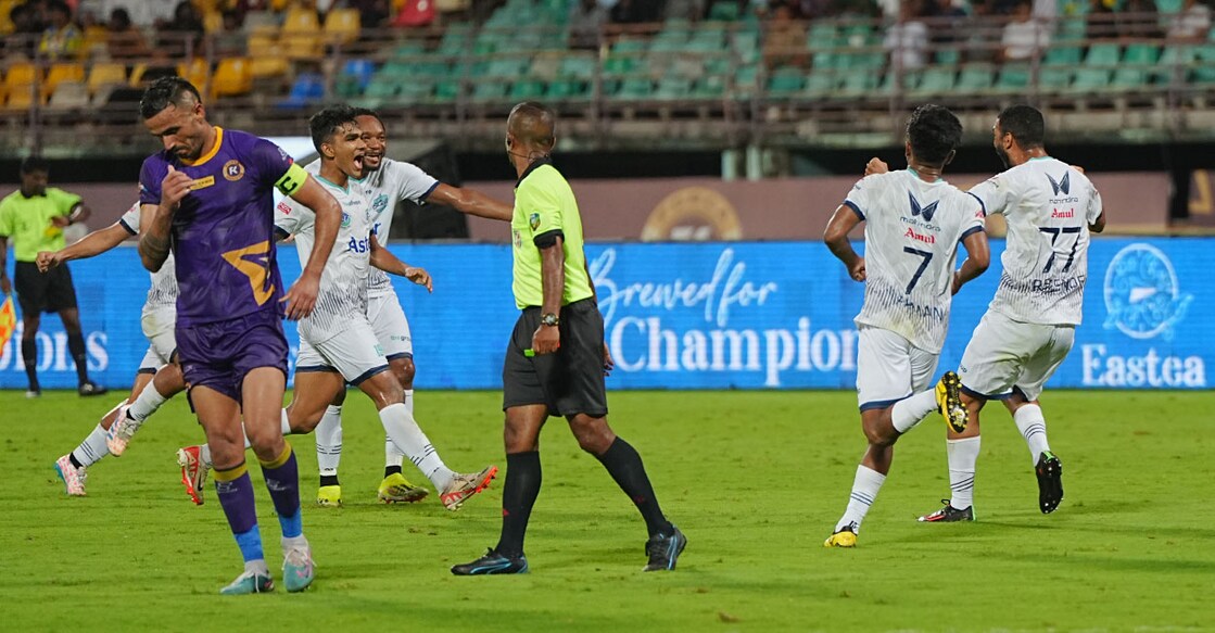 Calicut FC (white) players celebrate the goal against Forca Kochi in Super League Kerala in Kochi on Sunday. Photo: Special arrangement
