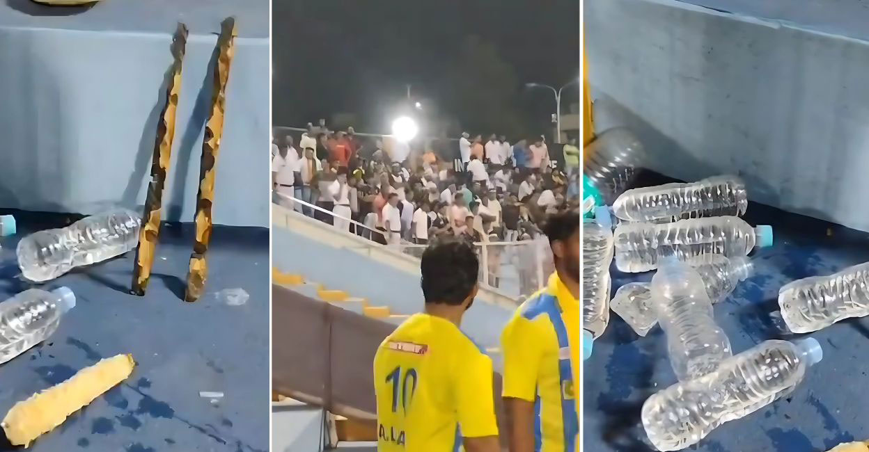Some of the objects thrown at Kerala Blasters fans from the Mohammed Sporting supporters' end during their Indian Super League match in Kolkata on Sunday. Photos: Screengrab/enhanced using Canva