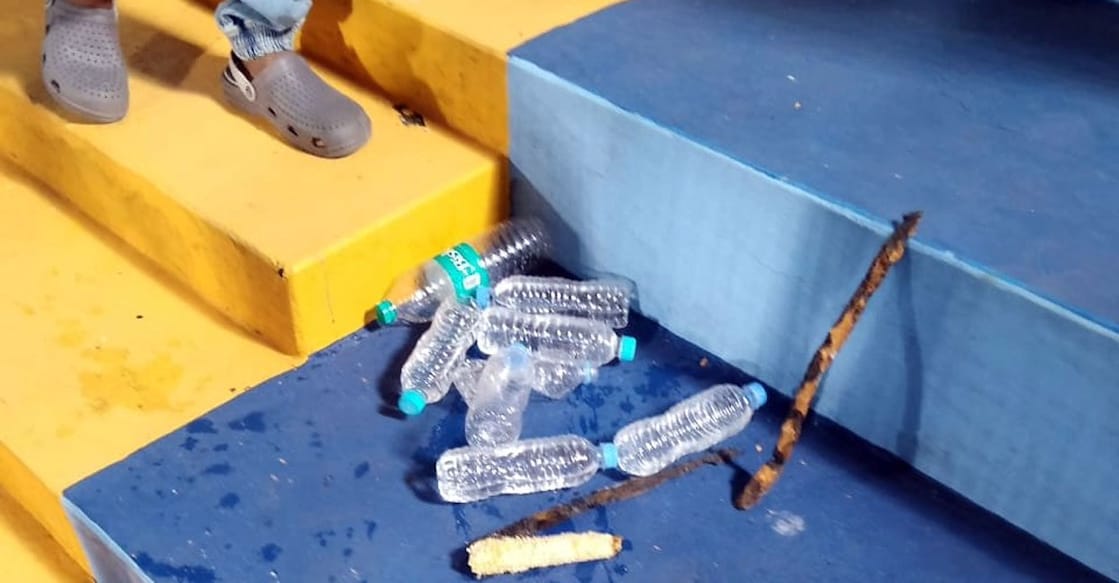 Kerala Blasters fan group, Manjappada, shared this image of items thrown at the travelling fans by supporters of Mohammedan Sporting during their ISL match in Kolkata on Sunday