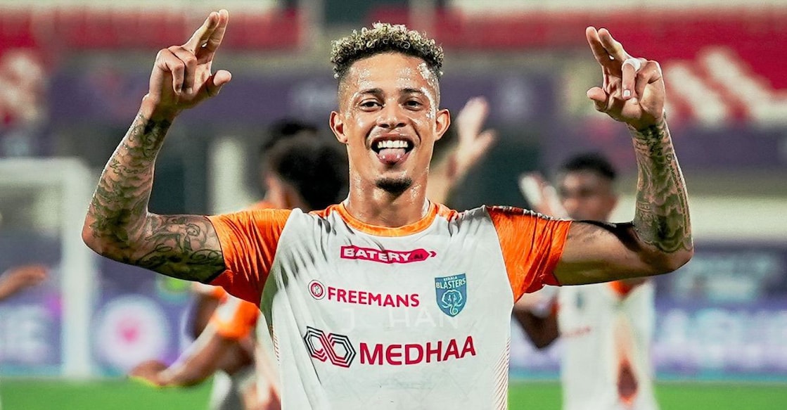 Noah Sadaoui celebrates his opener for Kerala Blasters against Odisha FC in Bhubaneswar on Thursday. Photo: Kerala Blasters