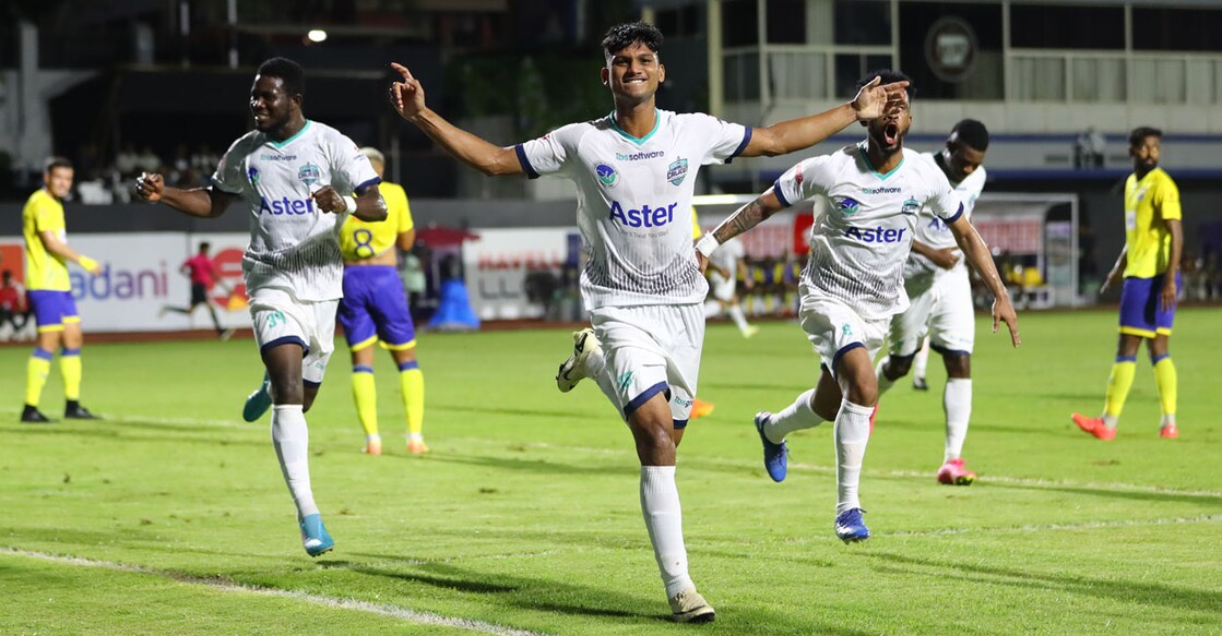 Muhammed Riyas celebrates his opener for Calicut FC against Thiruvananthapuram Kombans in Thiruvananthapuram on Sunday. Photo: Special arrangement