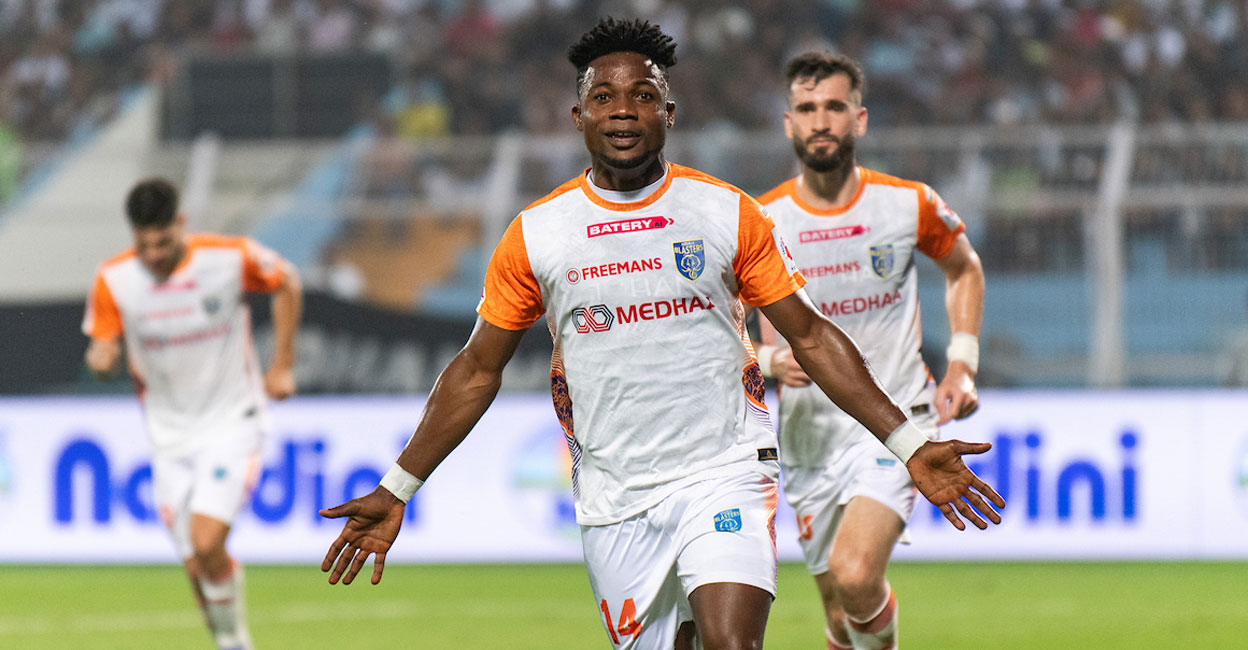 Kwame Peprah celebrates a goal for Kerala Blasters. Photo: ISL