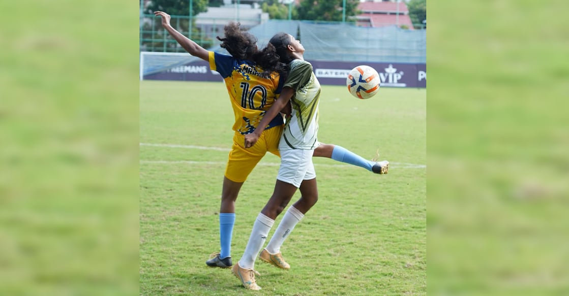 An action during a senior girls' (U-19) football match as part of Kerala School Games at the Panampilly Nagar School Ground in Kochi. Photo: Special arrangement