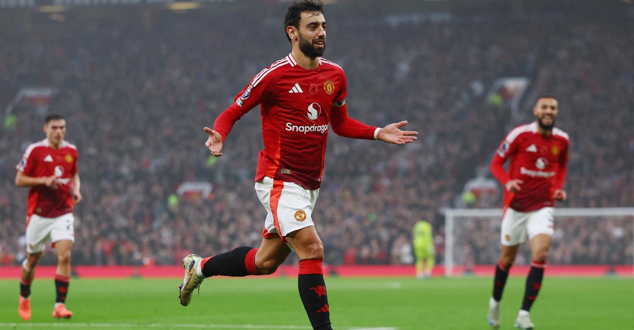 Manchester United's Bruno Fernandes celebrates scoring their first goal against Leicester City. File photo: Action Images via Reuters/Lee Smith