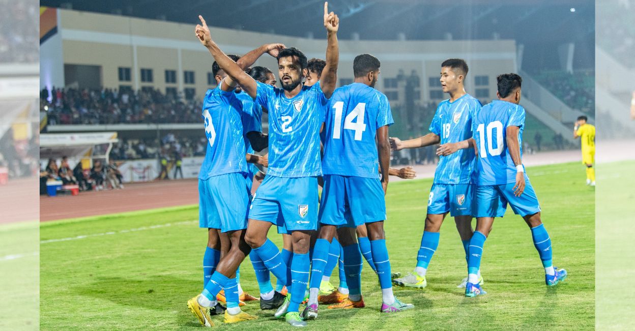 Rahul Bheke celebrates his goal for India against Malaysia. Photo: AIFF