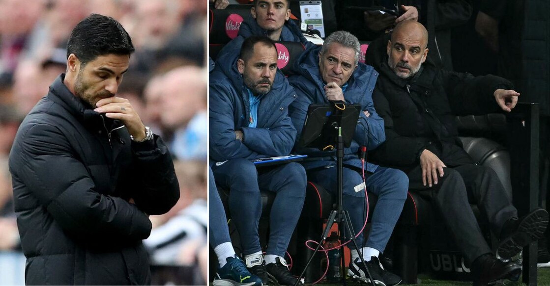 Arsenal manager Mikel Arteta (left) and Manchester City manager Pep Guardiola. Photos: Reuters/ AFP