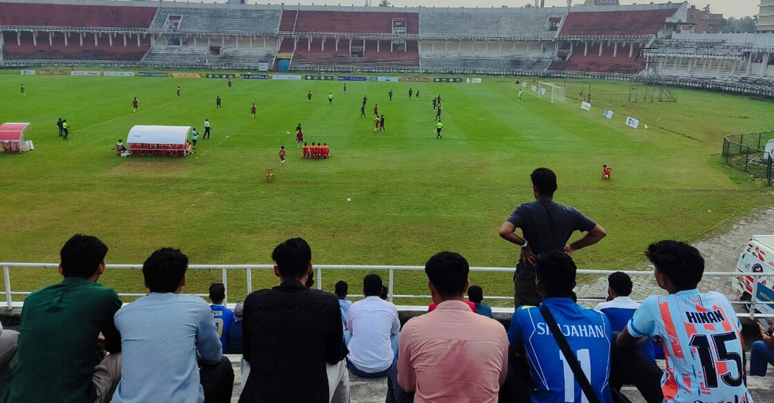 Football fans from Lakshadweep watch their side play the Santosh Trophy Group H qualifier against Pondicherry at the EMS Corporation Stadium in Kozhikode on November 20, 2024. Photo: Onmanorama