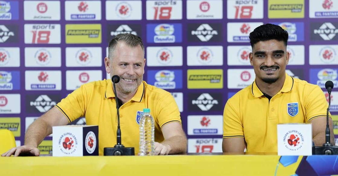 Kerala Blasters head coach Mikael Stahre and goalkeeper Sachin Suresh at a pre-match press conference ahead of their home match against FC Goa in Kochi. Photo: Special arrangement