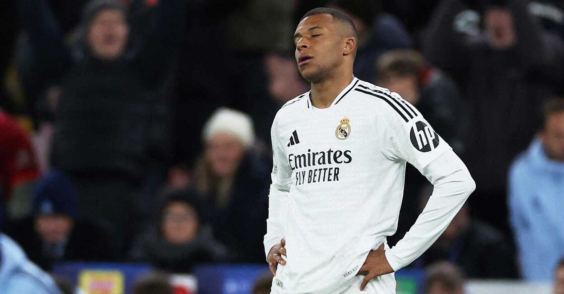 Real Madrid's Kylian Mbappe looks dejected after the Champions League defeat to Liverpool at Anfield. Photo: Reuters/Lee Smith