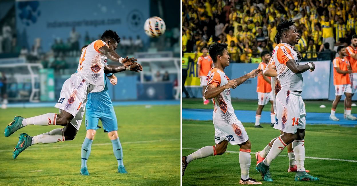 Kwame Peprah scored a brilliant header (left) and celebrated by removing his shirt (right). Photos: ISL