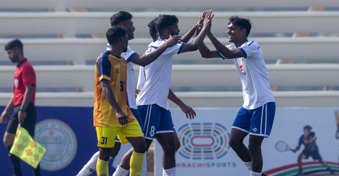 Kerala players celebrate a goal against Goa. Photo: AIFF