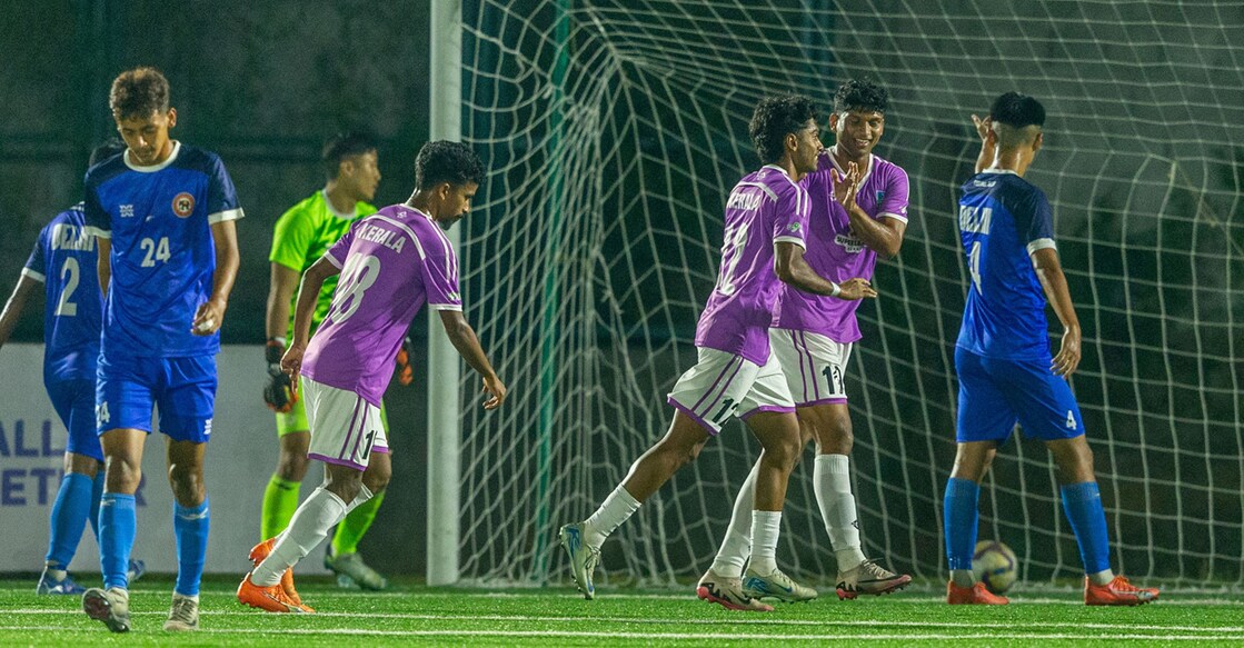 Kerala players celebrate a goal against Delhi in the Santosh Trophy: Photo: AIFF
