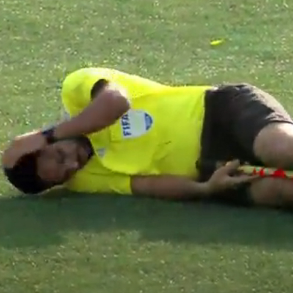 A linesman takes cover from bee attack during the match. Photo: Screengrab/YouTube@IndianFootball
