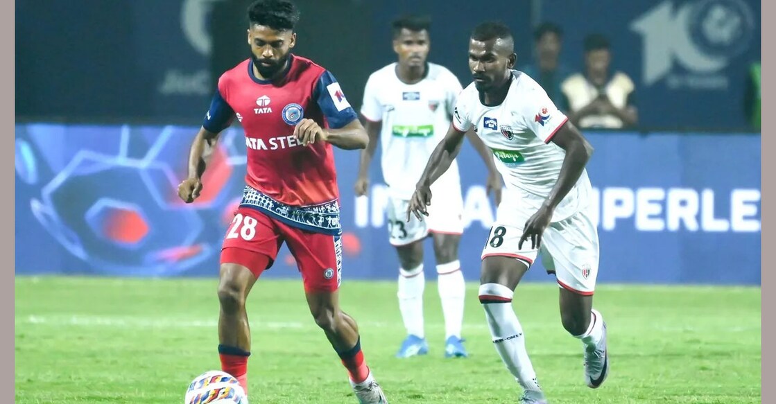 Action between NorthEast United (white) and Jamshedpur FC in the ISL. Photo: ISL