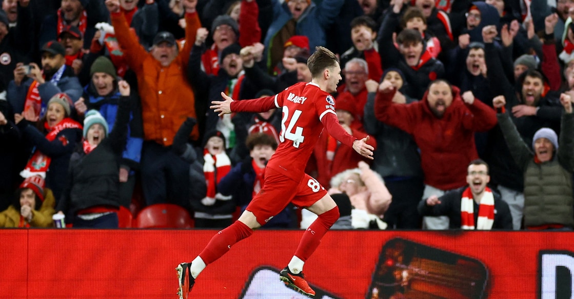 Liverpool's Conor Bradley celebrates scoring their second goal. Photo: Reuters/Carl Recine