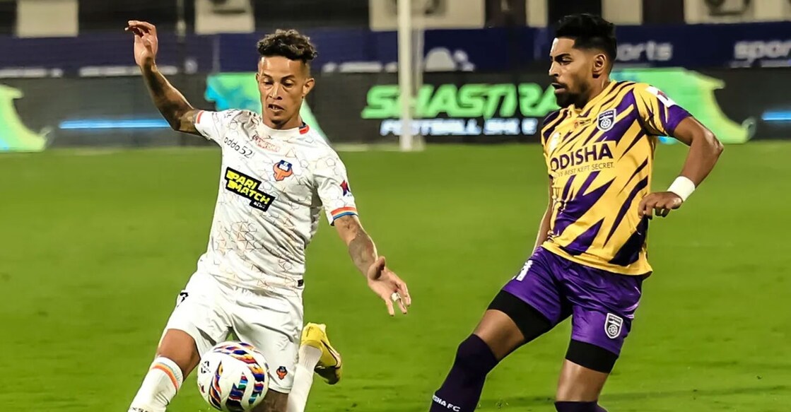 Action between FC Goa (white) and Odisha FC in the Indian Super League. Photo: ISL